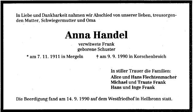 Schuster Anna 1911-1990 Todesanzeige